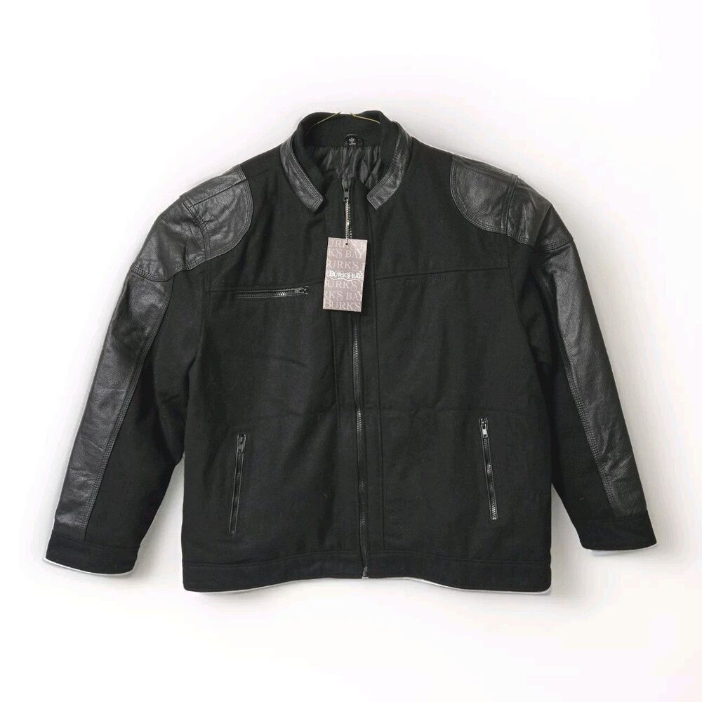 BURK'S BAY Varsity Jacket Men's Sz 2XL Black Genuine Leather Wool Classic Rider‎